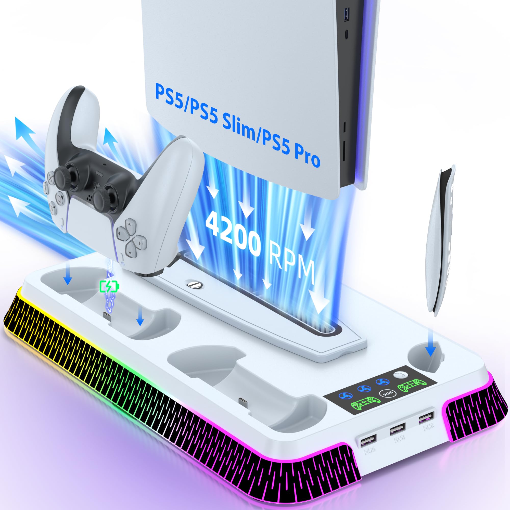 Cooling Station and Console Stand for PS5/Pro/Slim, Dual Controller Charging Station with Ambient RGB Lighting for PlayStation 5, PS5 Stand Controller Charger for Disc & Digital with Cooling Fan