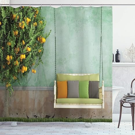 Amazon Com Ambesonne Garden Shower Curtain Vintage Wooden Swing In The Garden Of An Old House With A Lemon Tree Summertime Cloth Fabric Bathroom Decor Set With Hooks 70 Long Yellow Green Home