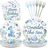 Greencian 96 Pcs Under The Sea Party Supplies Blue 1st Birthday Plates and Napkins Oneder the Sea Theme Disposable Paper Tableware Set for 1 Year Old Birthday Baby Shower Party Decorations Serves 24