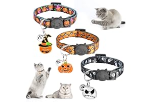 YUEPET 3PCS Halloween Breakaway Cats Collars with Bell Skull Pumpkin Spider Patterns Adjustable Kitten Halloween Collars with Pendant