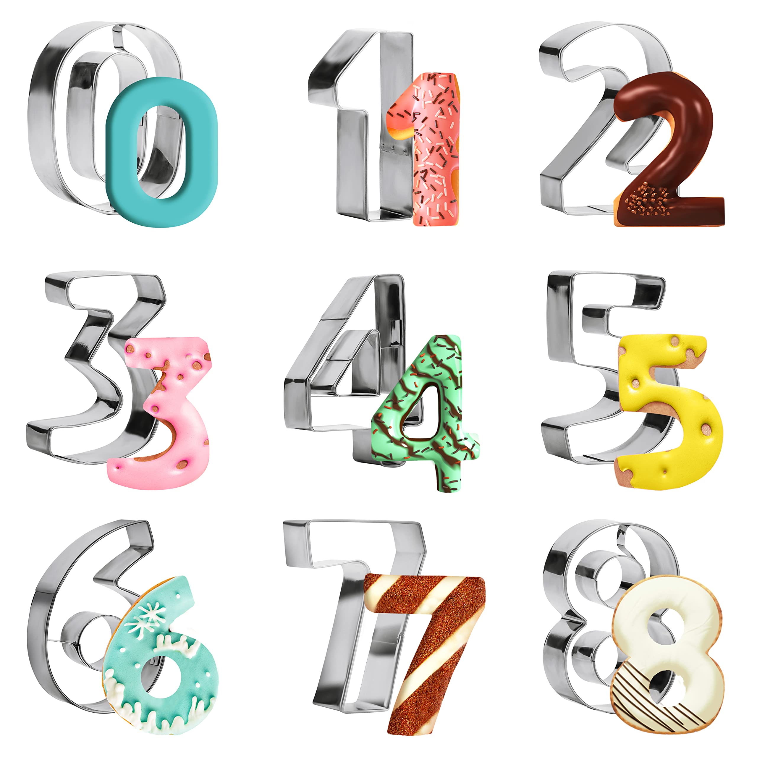 Kurtzy 9 Piece Large Number Shaped Cookie Cutters - Numbers 0-9 and 8cm/3 inches in Height - Food Safe Stainless Steel Cutters for Biscuits, Baking, Cake Decorating, Icing Fondant, Jelly, Sugarcraft