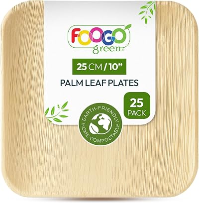 FOOGO Green 25pcs Disposable Palm Leaf Plates 10in Square Eco Biodegradable