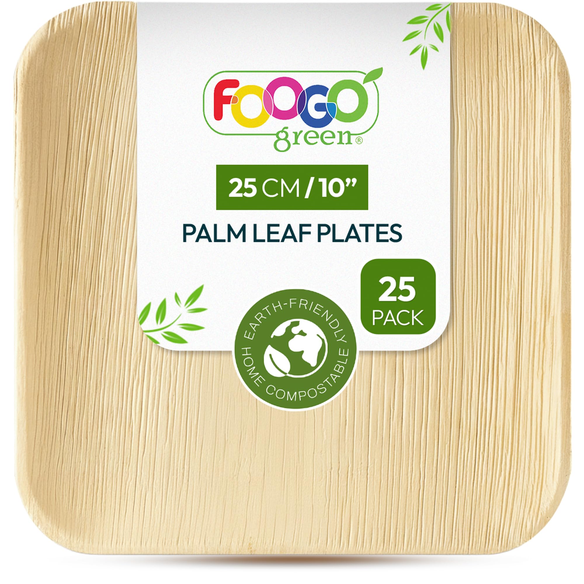 FOOGO Green 25pcs Disposable Palm Leaf Plates, 10"(25cm) Large Square, Eco Friendly Biodegradable Compostable Like Wooden, Bamboo, Paper Plates for Hot Food, Picnic Wedding Parties