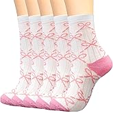 Cutecrop 5 Pairs Coquette Socks for Women Pink Bow Socks Set Cotton Breathable Cute Mid Stuff Gift for Sleeping Home Women Girl