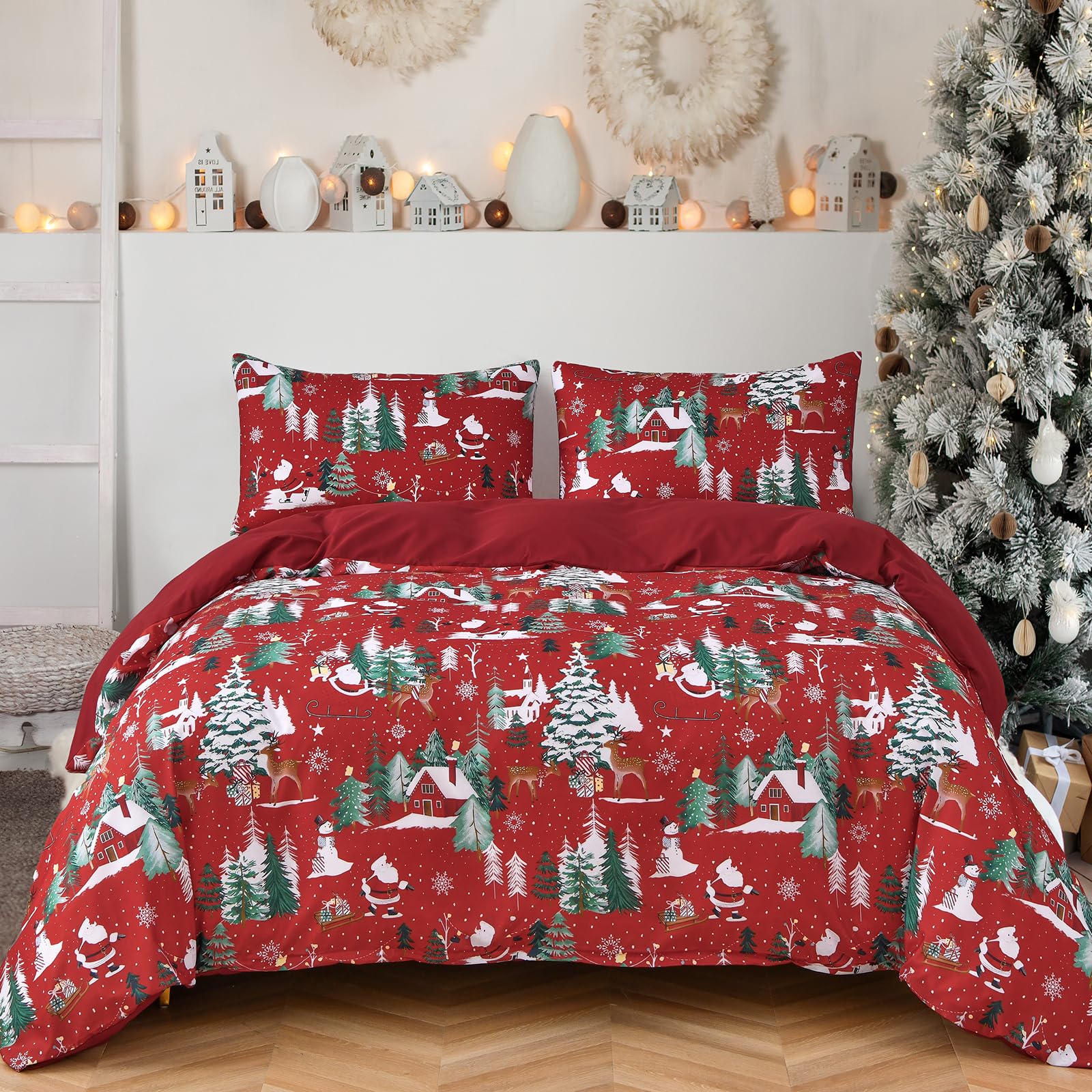 DJY Christmas Double Duvet Cover Set 3 Piece, Red Santa Claus Snowflake Tree Pattern, Red Soft Brushed Microfibre Bedding (Double, 200x200cm)