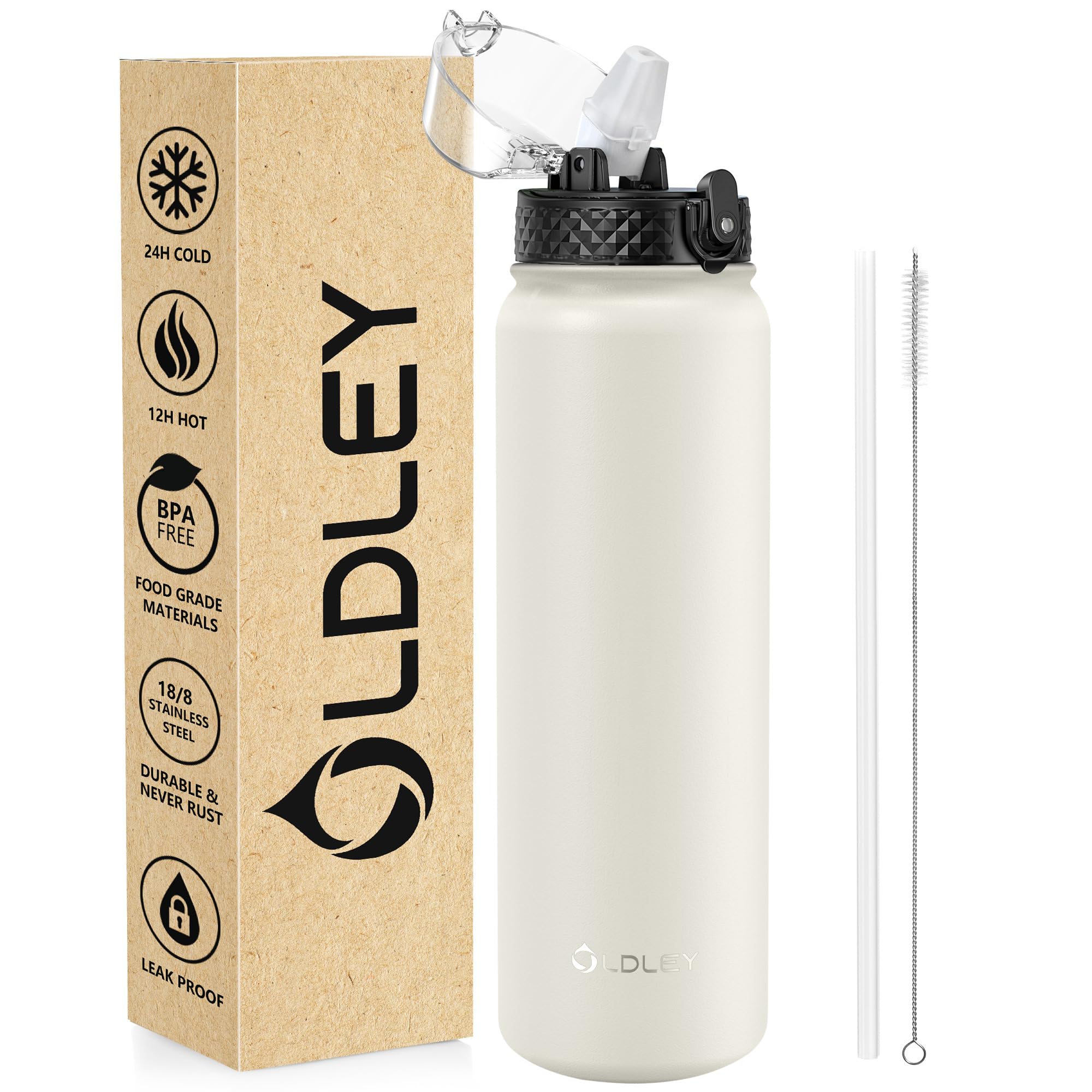 OLDLEY Stainless Steel Water Bottle with Straw 1L Vaccum Insulated Large Drink Flask Metal Water Bottles 1 Litre Leakproof Keep Drinks Hot Cold for Bike Sports Gym Adult Women Men(Cream, 1 Lid) — image 1