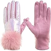 F Flammi Women's Winter Suede Gloves with Fur Cuffs - Soft, Warm, Touchscreen, Fleece Lined