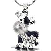 Aqua79 Silver Cow Sparkling Crystal Pendant Necklace - Cute Necklace with Cow Charm Sparkly Jewelry, Elegant Farm Life Animal Silver Charm Necklace Gift for Any Occasions - 18 Inches