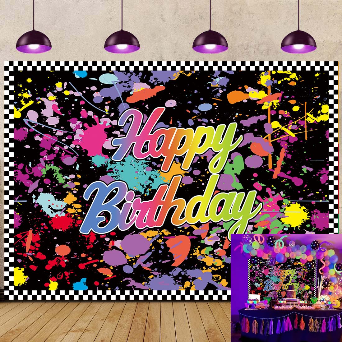 BUTEN 7X5ft Neno Glow in The Dark Birthday Party Photography Backdrops Colorful Graffiti Background Slime Happy Birthday Black Light Party Decorations for Kids Supplies