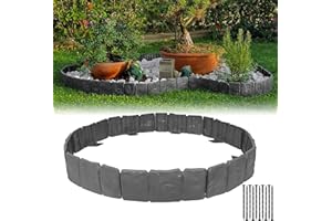 MSISILY Garden Edging Border NO DIG, with Landscape Edging Anchoring Spikes, Gray Stone Effect Plastic Lawn Edging Fencing, Interlocking Yard Lawn Edging for Flower Bed | 32 Ft | 40Pcs | Gray |