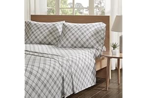 Comfort Spaces Cotton Flannel Breathable Warm Deep Pocket Sheets with Pillow Case Bedding, Queen, Grey Plaid 4 Piece