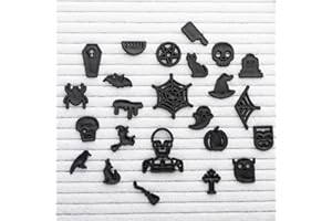 Nomnu Spooky Letter Board Characters (Black) - Board NOT Included - Halloween Decorations Emojis for Letterboard - Gothic Decor Icons, +80pcs Felt Message Board Accessories - Shapes Include: Pumpkin, Coffin, Skeleton, Skull, Spider, Bat, Witch Hat, Broom
