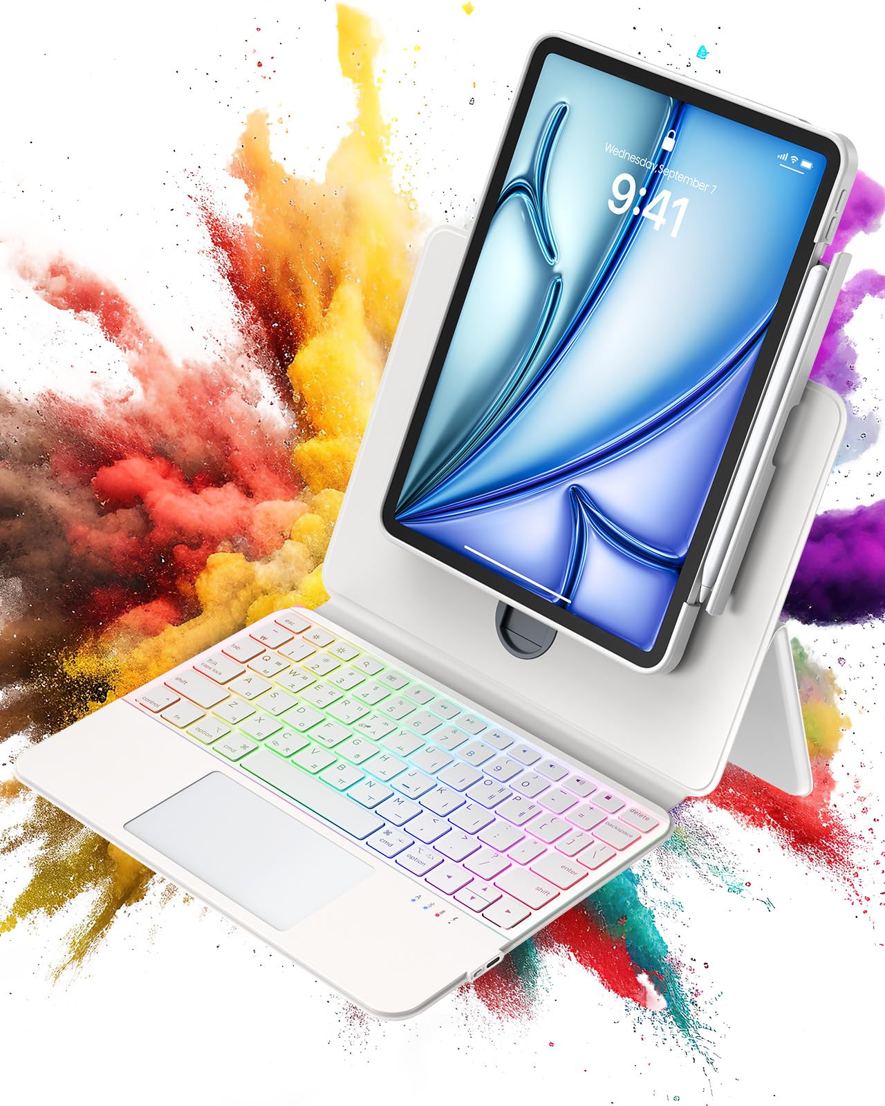 Photo 1 of Clear Magnetic iPad Air 13(M3 2025 / M2 2024) and iPad Pro 12.9 (3rd-6th Gen) Case w/ Keyboard, Splitfolio Detachable Cover, 360°Rotation & Up-Down Lift, 7-Color Backlit, Multi-Touch Trackpad, White