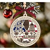 BurkeDesign Illinois State Wooden Ornament - States Christmas Ornaments - Il State - Moving to Illinois Gift - First Christmas to Il - 2 Layer Ornament Wooden 4Inch