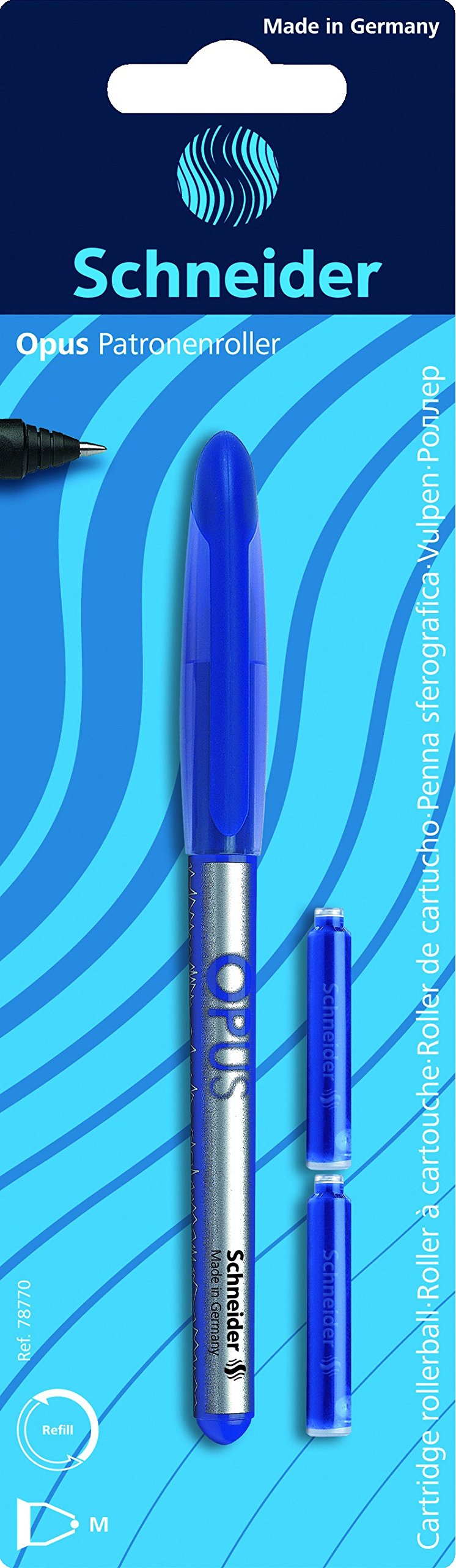 Schneider Ink Roller Ball Pens, M, Opus 1 Blister Card with 2 Ink Cartridges Assorted