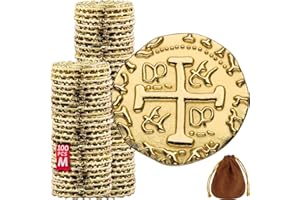 Leib Games Large Metal Pirate Coins - 100 Gold Treasure Coin Set, Metal Replica Spanish Doubloons for Pirate Party Decoration