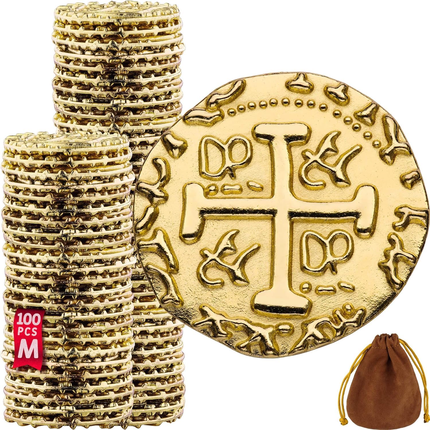 Photo 1 of Large Metal Pirate Coins - 100 Gold Treasure Coin Set, Metal Replica Spanish Doubloons for Pirate Party Decorations & Favors, Tokens, Toys, Cosplay - Pirate Treasure Chest, Size 7/8"