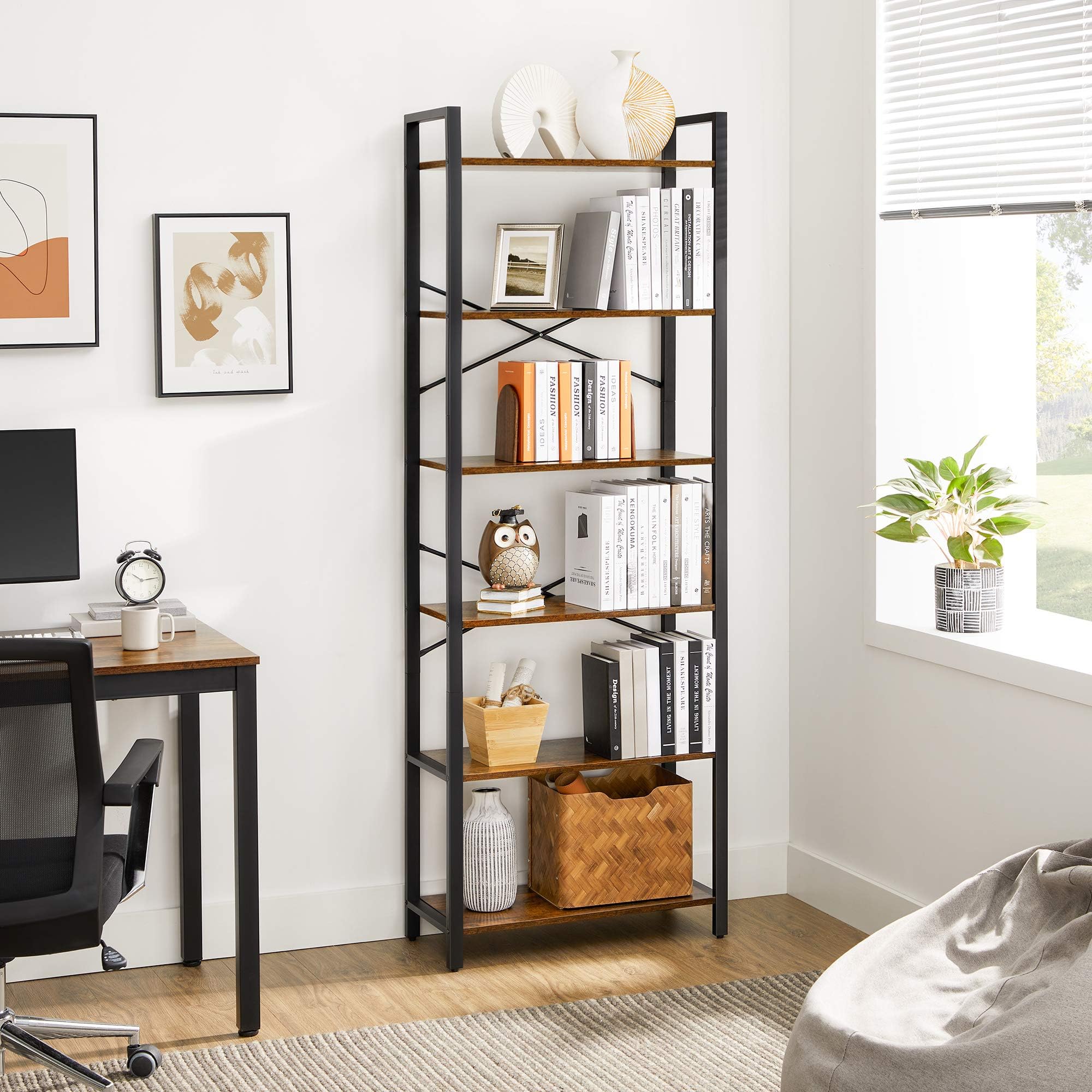 VASAGLE 6-Tier Bookshelf, Bookcase with Steel Frame, Book Shelf for Living Room, Home Office, Study, 11.8 x 26 x 73.2 Inches, Industrial Style, Rustic Brown and Ink Black ULLS062B01