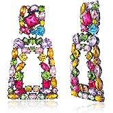 Flyonce Rectangle Clip-on Drop Earrings for Women, Sparkly Rhinestone Crystal Geometric Statement Non Pierced Earring