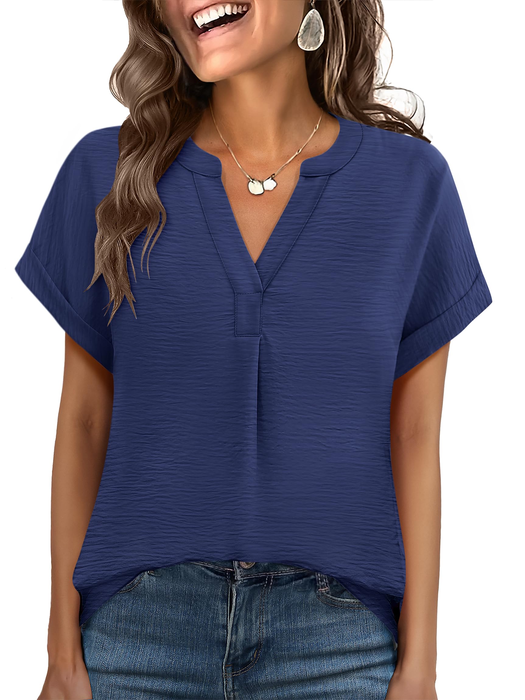ANRABESS Women Summer Business Casual Tops Dressy V Neck Short Sleeve ...
