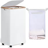 efluky 100L Laundry Basket with Wheels and Lid, Rolling Laundry Hamper with Bamboo Handles and Removable Bag, Dirty Clothes Hamper on Wheels for Laundry Room Organizer, Dorm