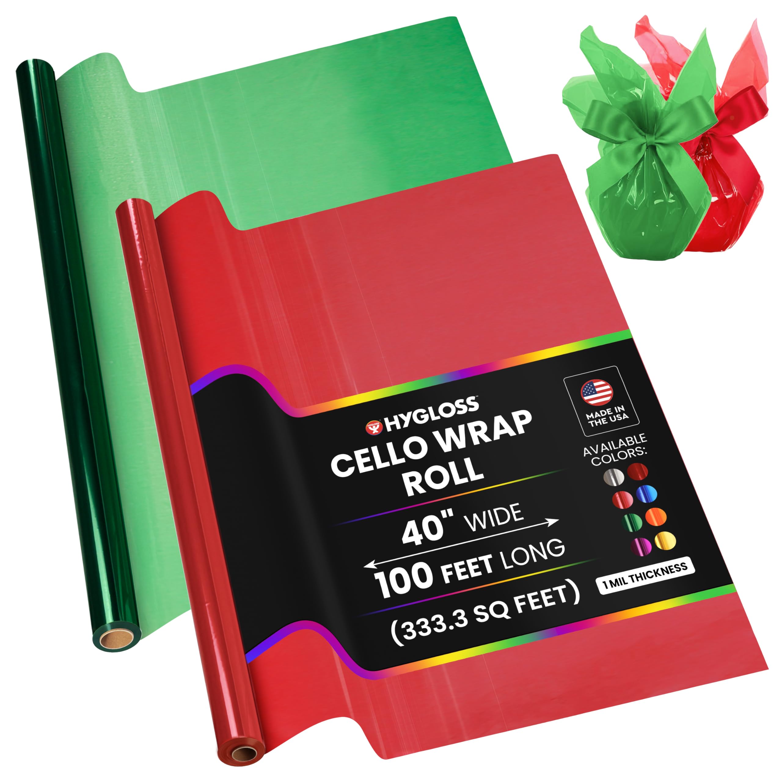 Hygloss Products Cellophane Rolls – Cello Wrap for Crafts, Gifts, and Baskets - 1 Roll Each of Red and Green - 40 Inches x 100 Feet Image