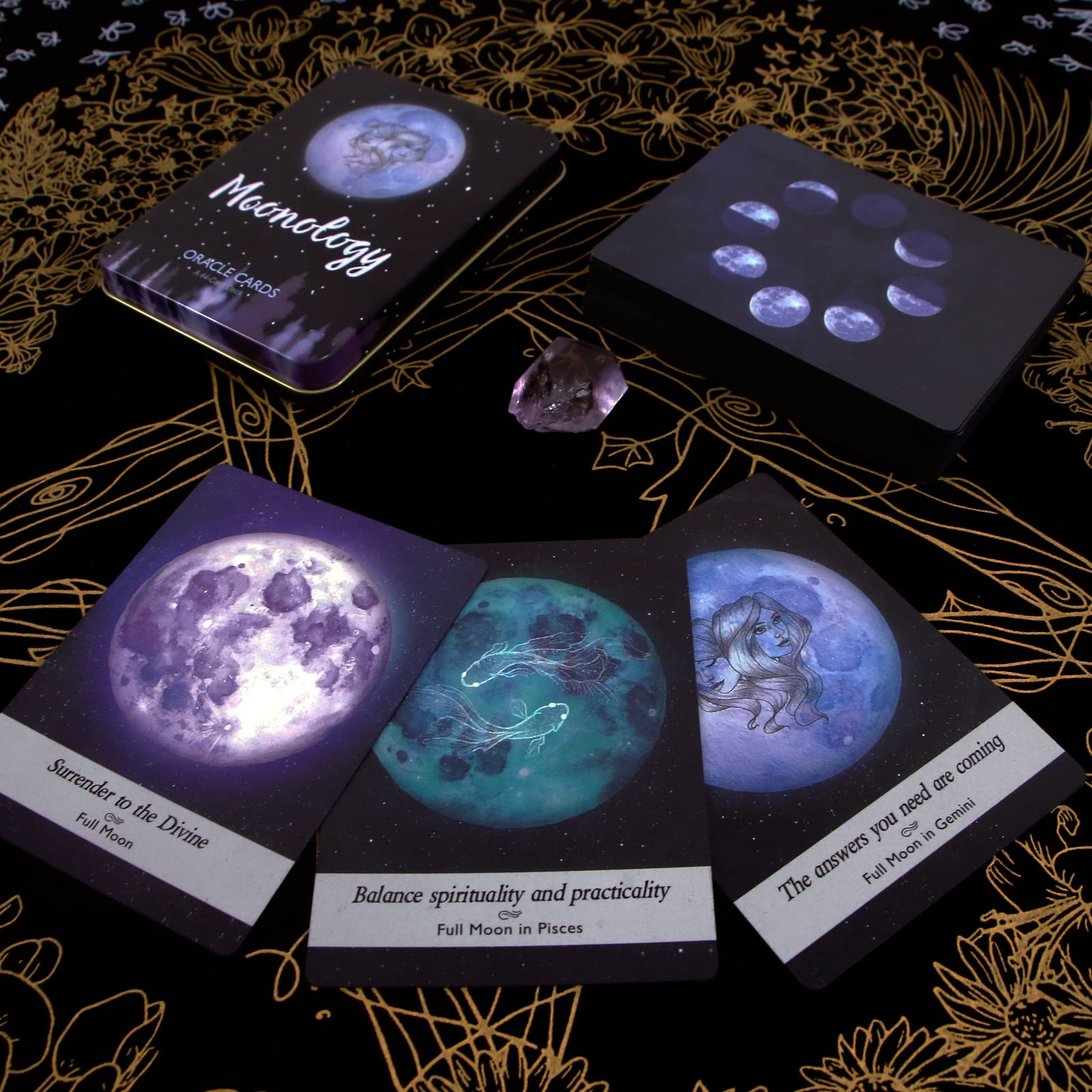 Atesswy Moonology Oracle Cards in A Tin, A 44-Card Deck Gilded Black (Limited Edition), 400 GSM Black Core Cardstock
