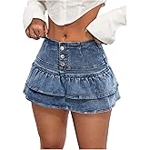 SHENHE Women's Denim Short Skirt Button Up High Waist Water Wash A Line Mini Jean Ruffle Skirts with Shorts