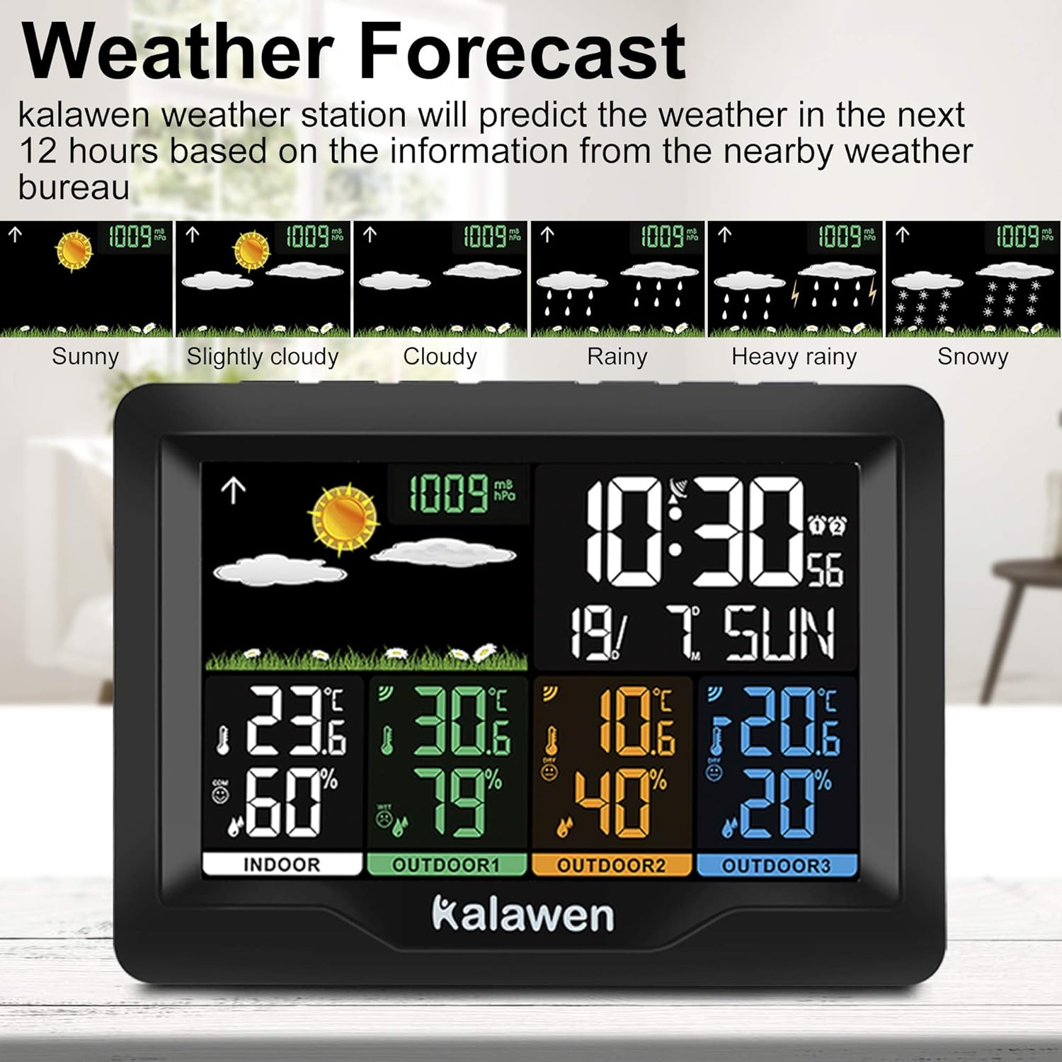 Kalawen Weather Station Wireless Indoor Outdoor Thermometer Multiple Sensors, Color Display Digital Weather Forecast Stations Thermometer with Alarm Clock, Humidity Temperature Monitor Barometer : Garden & Outdoor
