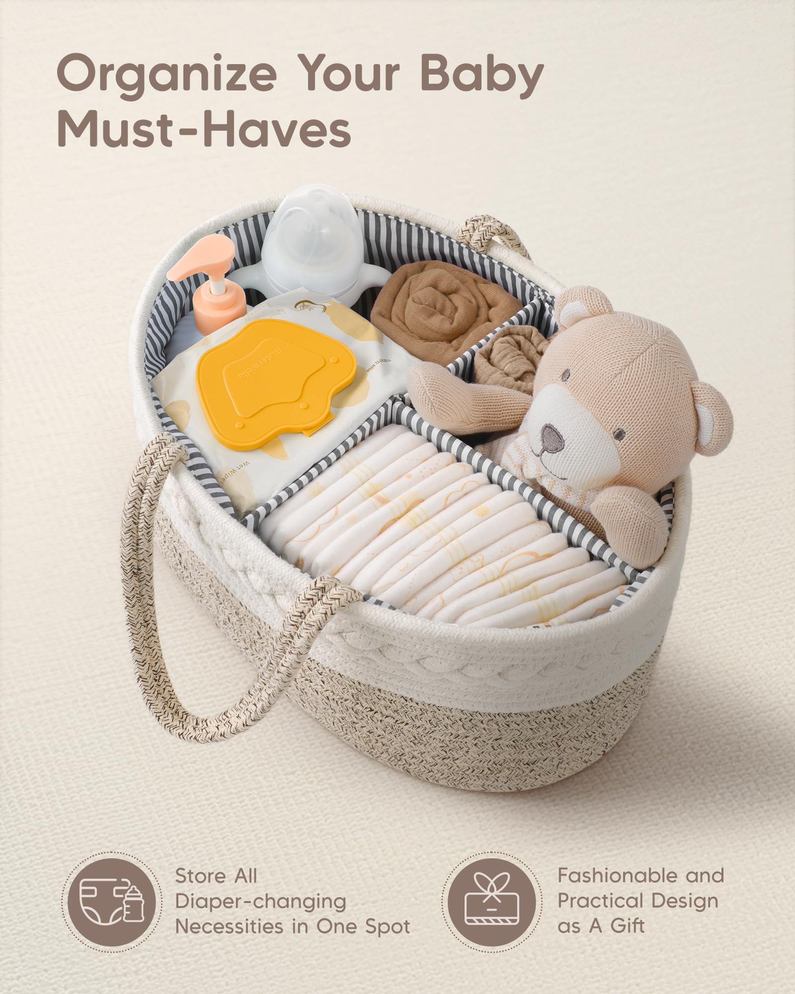 Maliton Diaper Caddy Organizer for Baby, Cotton Rope Baby Gift Basket, Portable Diaper Organizer for changing table, Diaper Nursery Storage Organizer, Baby Shower Gifts for Newborn,baby essentials
