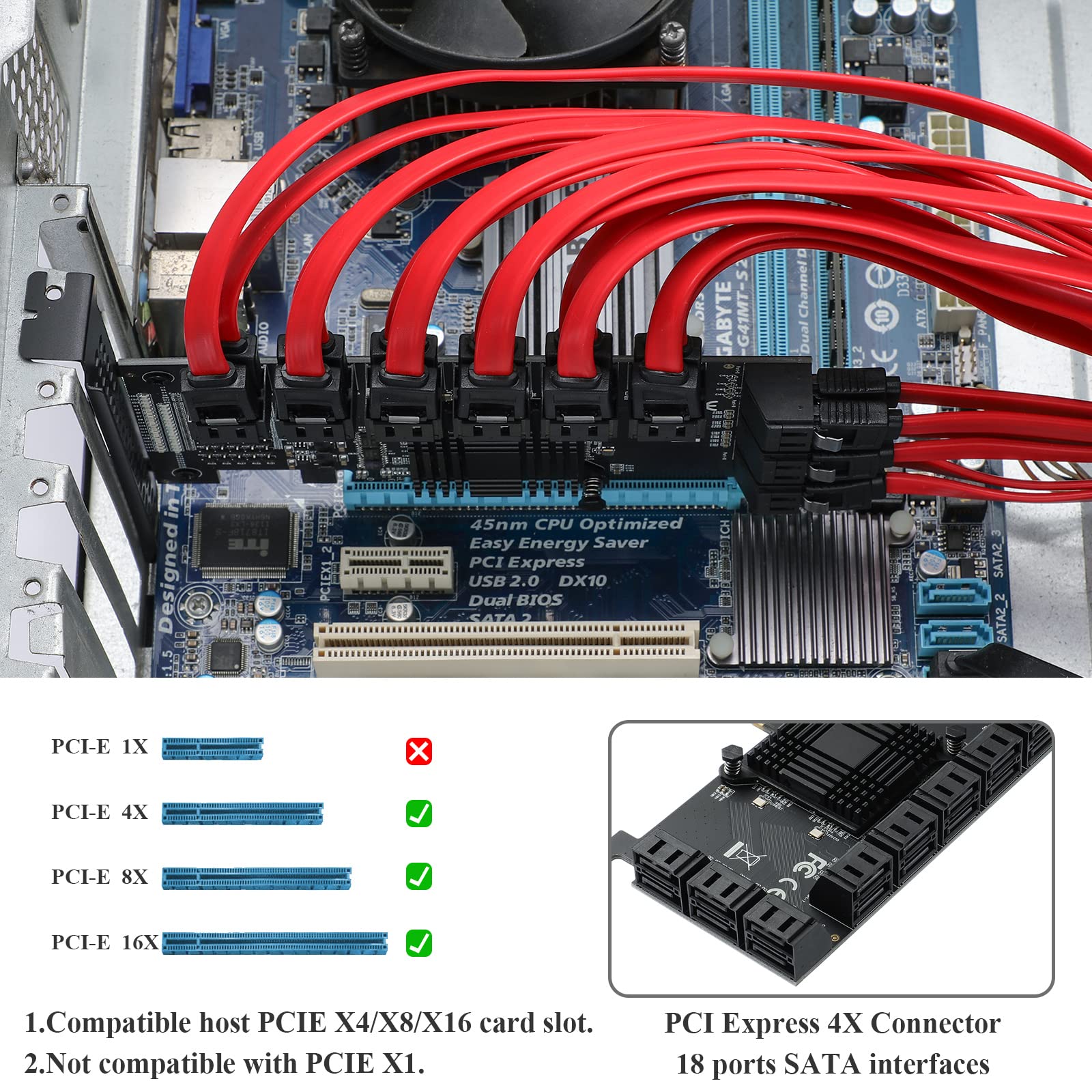 Mzhou 18 Port Sata Pcie Expansion Card With Included Sata Cables And Accessories