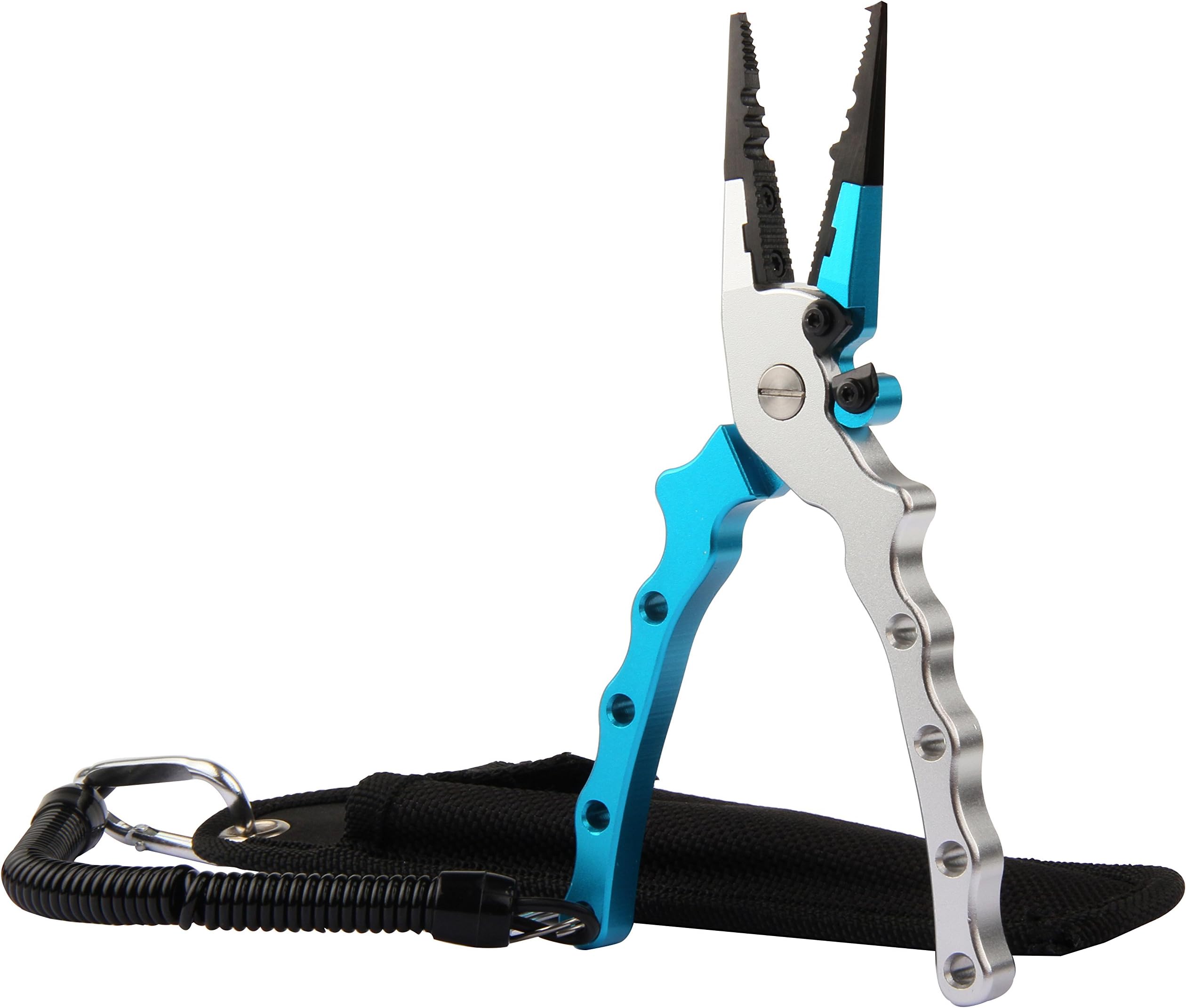 COM4SPORT Aluminum Alloy Fishing Pliers Resistant Saltwater Fishing Line Braid Cutter Split Ring Pliers Fish Hook Remover Pliers with Nylon Sheath and Retractable Lanyard (Blue-sliver)