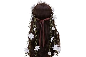 PartyforU Bohemian Flower Crown Headband - Forest Vine Crown White Floral Headpiece Woodland Crown for Bridal Wedding Maternity Photo Fairy Renaissance Party Cosplay