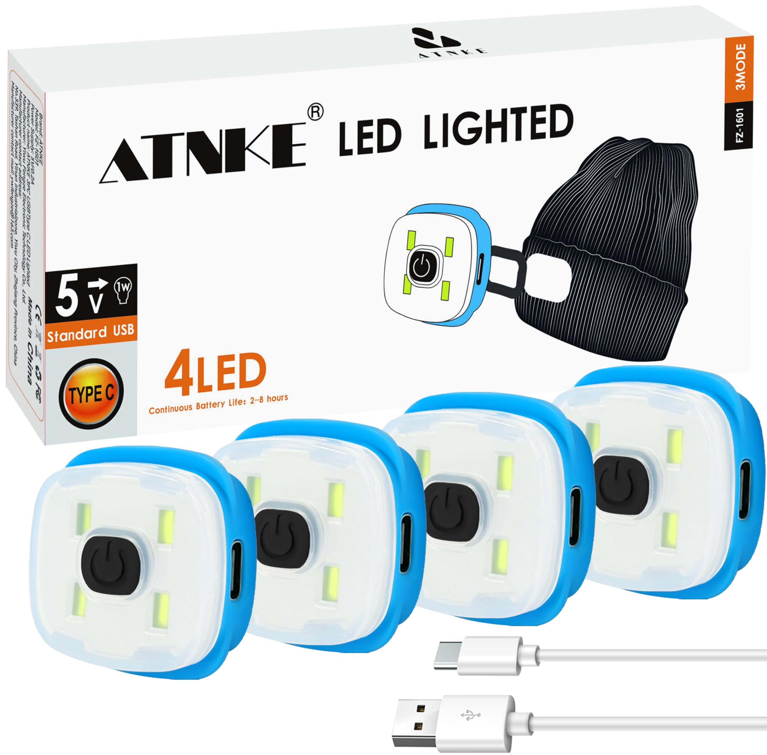 ATNKE Replacement LED Lights for Lighted Beanie Hat, USB Type C Rechargeable Ultra Bright Headlamp Light Hands Free Head Torch Gifts for Men and Women/Type C/White Light-4PC