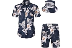 MCEDAR Men's Hawaiian Shirt and Short 2 Piece Vacation Outfits Sets Casual Button Down Beach Floral Suits with Bucket Hats