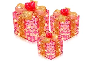 STZMAMIL [ 8 Modes & Timer ] 3 Pack Valentines Day Decor Lighted Gift Boxes with Red 3D Hearts, Battery Operated 60 LED Present Box Valentine's Day Decorations for Home Bedroom Indoor Outdoor (7"-6"-5")