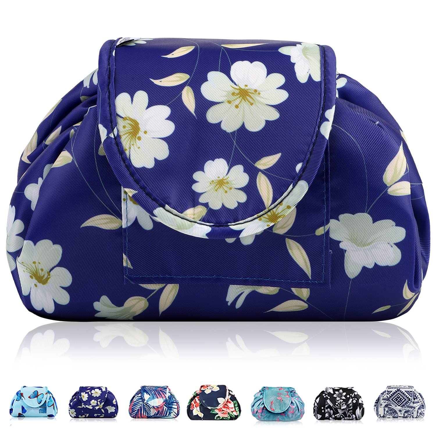 Lazy Drawstring Makeup Bags, Large Capacity Waterproof Travel Portable Cosmetic Bag Pouch Makeup Pouch Storage Organiser for Women Girl (Blue Floral)