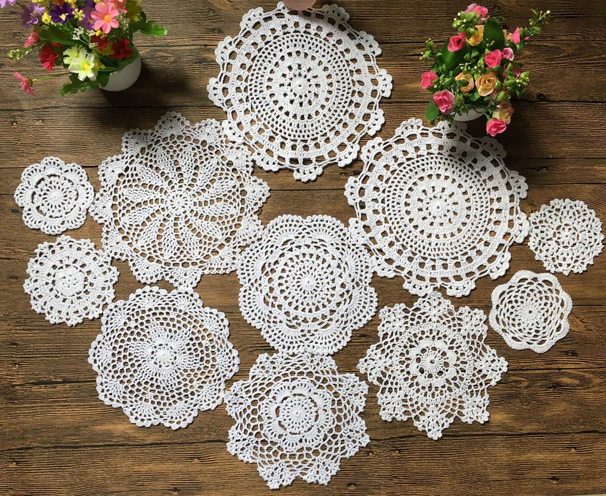 MINDPLUS Set of 11 Hand Crochet Doilies Lace Cotton Coasters Handmade Placemats 4-10 Inches Round White