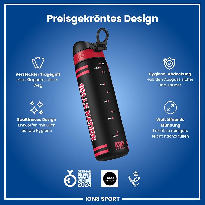 NBA Chicago Bulls Trinkflasche, 500 ml, Auslaufsicher, Einhandöffnung, Sichere Verriegelung, Spülmaschinenfest, BPA-frei, Tragegriff, Klappdeckel, Leicht zu Reinigen