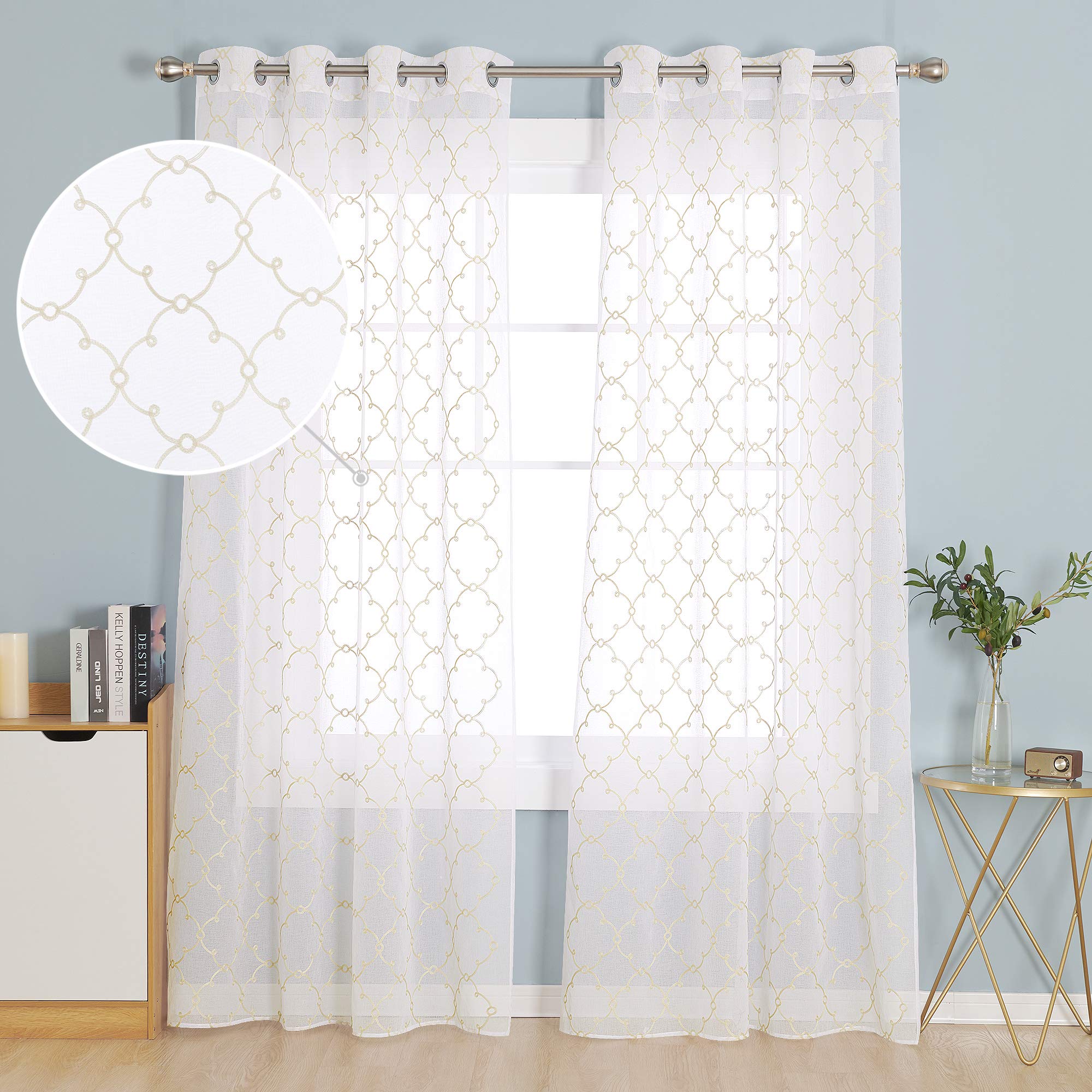 Deconovo Eyelet Diamond Embroidery Voile Curtains Decorative Net Curtains Semi Transparent Voile Net Curtains 55 x 90 Drop Inch Linen Set of 2