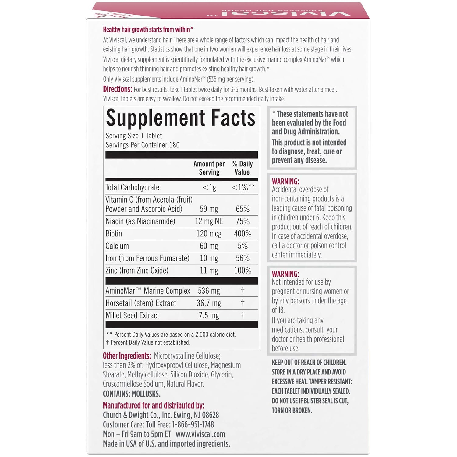 Viviscal Women's Hair Growth Supplements with Proprietary Collagen Complex, 1 Selling for Clinically Proven Results of Thicker, Fuller Hair; Nourish Thinning Hair (180 Tablets - 3 Month Supply): Beauty