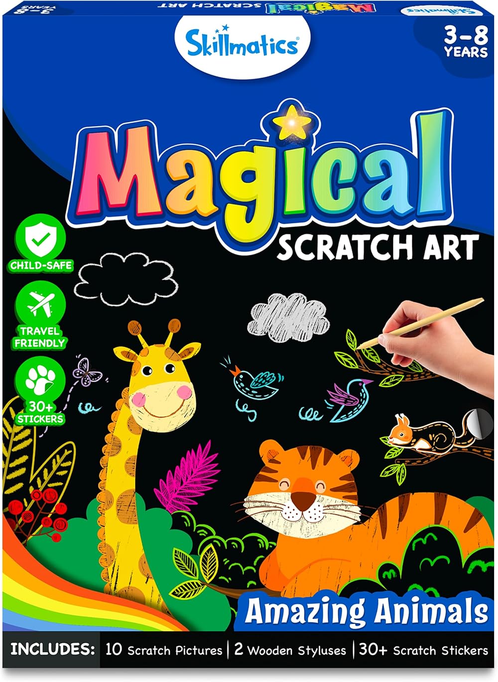 Skillmatics Scratch Art Book for Kids Animals Craft Kit 30+ Scratch Stickers