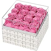 16 Preserved Rose, Eternal Pink Forever Flowers Roses in Acrylic Box, Flowers Gifts for Her Woman Wife Girlfriend on Birthday, Anniversary, Valentine's Day, Christmas