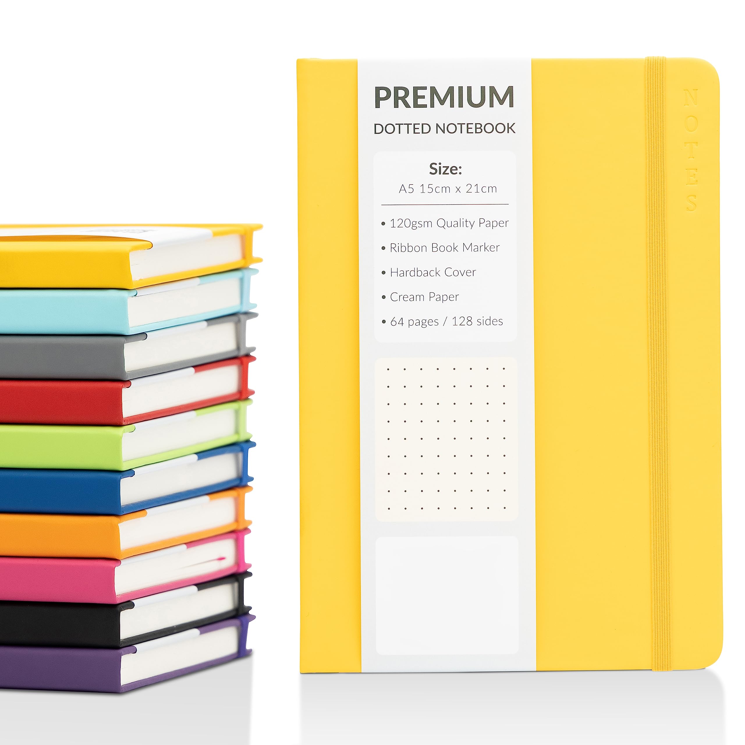 evelay Bullet Journal A5 Dotted Notebook with Faux Leather Hardback Cover and Premium 120gsm Thick Dot Grid Paper (128 Cream Pages, Yellow)