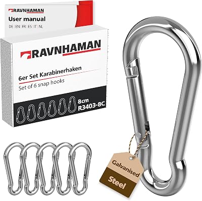 RAVN HAMAN 6x 80mm Carabiner Hooks 230kg Galvanised Steel Snap Lock Heavy Duty