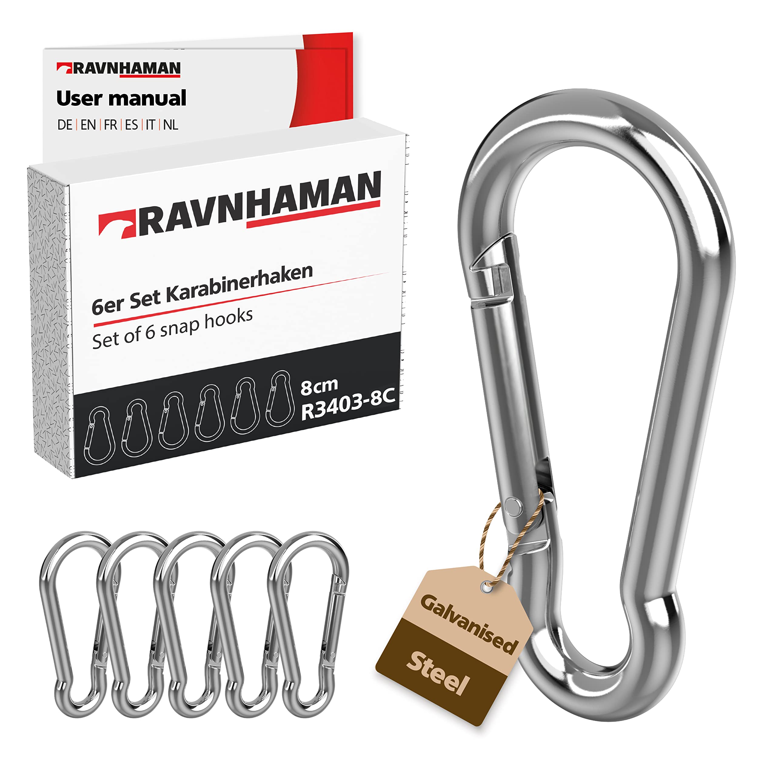 RAVN HAMAN Set of 6 Carabiner hooks 8 x 80 mm - Carabiner clips with snap lock with a load capacity of up to 230 kg - Snap hooks for key ring, hammock, punching bag, etc. - Galvanised steel