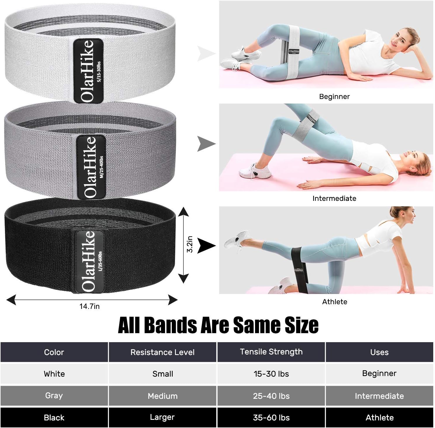 OlarHike Booty Bands for Working Out, 3 Fabric Resistance Bands Set for Legs and Butt, Non-Slip Workout Exercise Bands with Portable Carrying Bag, Glute Band for Women Fitness : Sports & Outdoors
