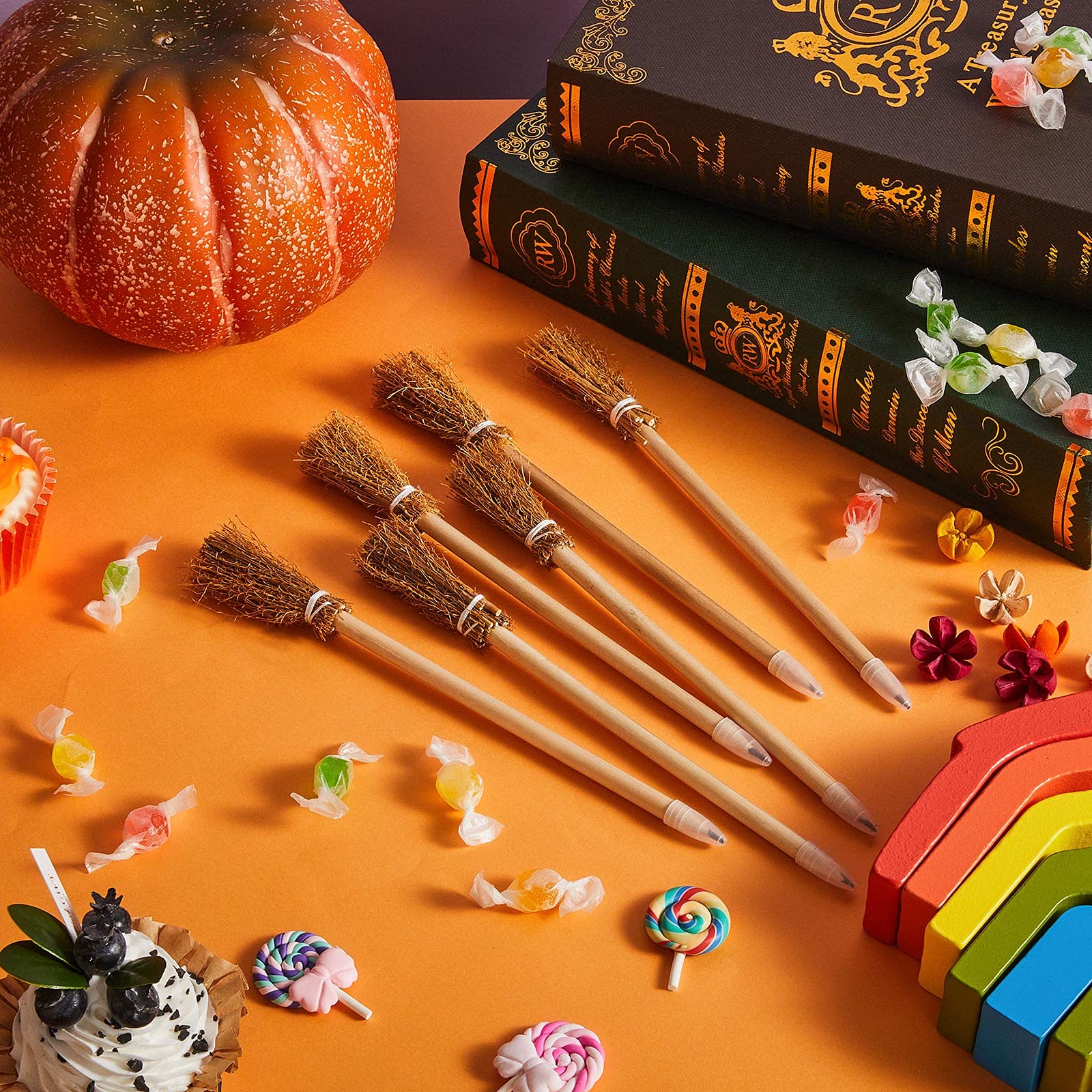 Zonon 12 Pcs Witch Broom Pencils Halloween Witch Party Favors Party Supplies for Kids Teens Adults Classroom Supplies