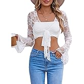 Avidlove Womens Crop Cardigan Lace Shrug Bell Sleeve Tie Front Top Y2K Sexy Sheer Bolero Going Out Outfits S-XXL