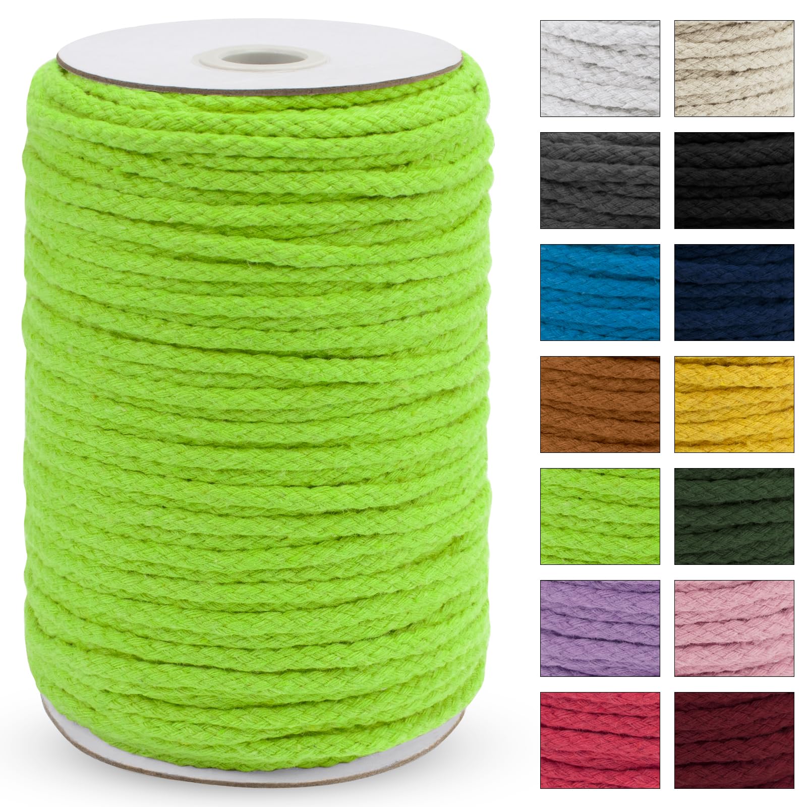 Uiopa Macrame Cord 5mm x 90m, Thick Macrame Rope 8-Strand Braided Cotton Rope, Fluorescent Green Cotton Cord for Plant Hangers, Wall Hanging, Dream Catcher, Garden, DIY Projects